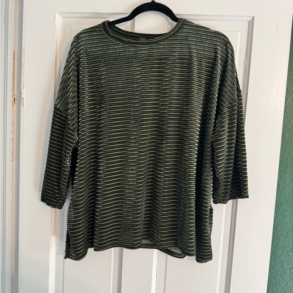 Striped Sheer Corduroy Green Long Sleeve Top